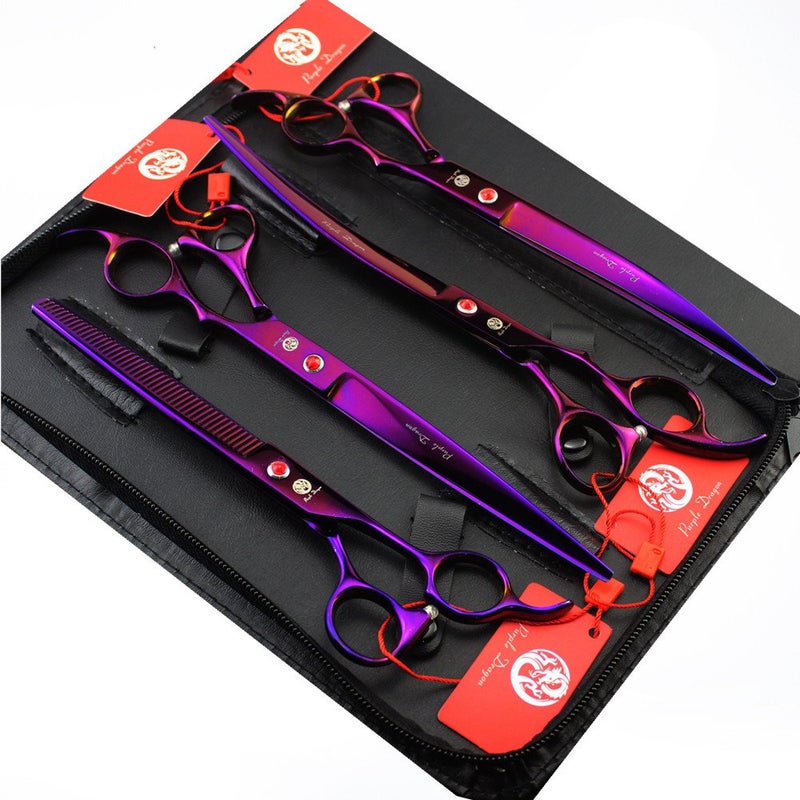 Purple Dragon 8.0 inch Professional Pet Grooming Scissors,Dog Straight Shear, Thinning/Blending Scissor & 2 PCS Curved Shear with Bag (Purple) - Image 1