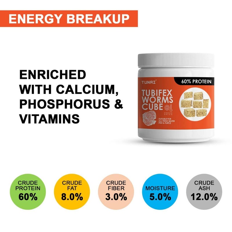 TUNAI كتل طعام الأسماك من ديدان التوبيفيكس TUNAI لأسماك الباربيل، سمك السلور، الدانيون، الديسكوس، الجورامي، التترا والسلاحف (50 جرام - ديدان توبيفيكس المجففة بالتجميد) - Image 4