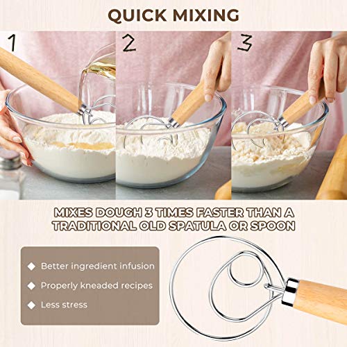 FUANRTK Danish Dough Whisk Bread Mixer，2 Pack Premium Stainless Steel Dutch Whisk With a Dough Scraper for Bread, Pastry or Pizza Dough - Perfect Baking - Image 4