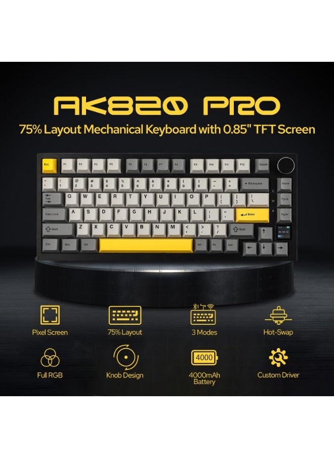 لوحة مفاتيح ميكانيكية لاسلكية AK820 Pro 75% مع شاشة TFT ذكية ومقبض، ولوحة مفاتيح ألعاب مثبتة بحشية، وبلوتوث/2.4 جيجاهرتز/USB-C سلكية