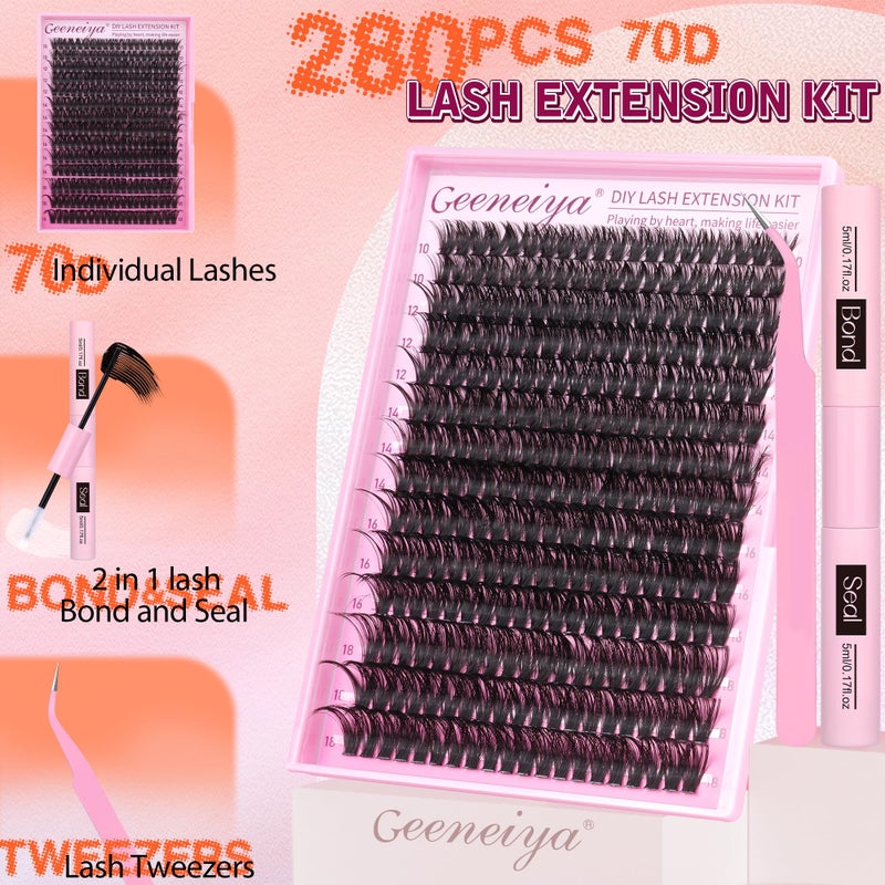 Geeneiya Full Lash Extension Kit 10-18MM Volume Eyelash Extension Kit D Curl Cluster Lashes Individual Eyelashes Kit with Waterproof Lash Bond and Seal, Lash Tweezers (10-18MM, 280Pcs, 70P) - Image 2