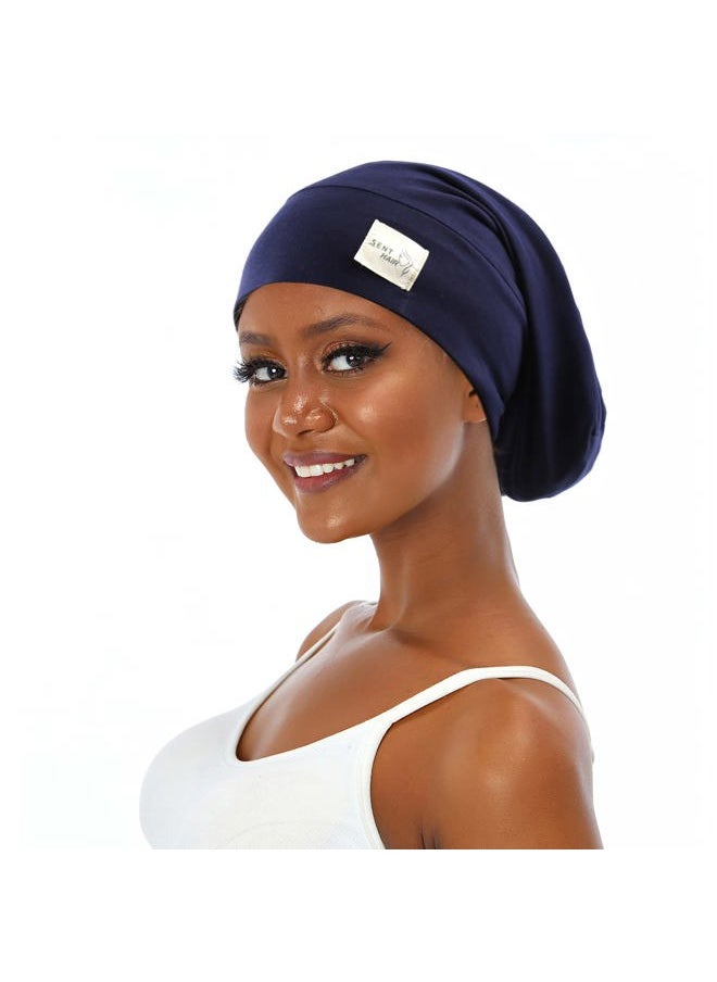 sent hair - Satin Lined Bonnet for Women Hair Cover, Adjustable Modal Cotton Slouchy Beanie, Night Sleeping Slap Cap for Long Curly Hair/Braids/Dreadlocks (Navy Blue) - Image 1