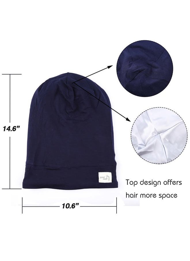 sent hair - Satin Lined Bonnet for Women Hair Cover, Adjustable Modal Cotton Slouchy Beanie, Night Sleeping Slap Cap for Long Curly Hair/Braids/Dreadlocks (Navy Blue) - Image 1