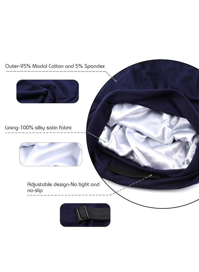 sent hair - Satin Lined Bonnet for Women Hair Cover, Adjustable Modal Cotton Slouchy Beanie, Night Sleeping Slap Cap for Long Curly Hair/Braids/Dreadlocks (Navy Blue) - Image 1