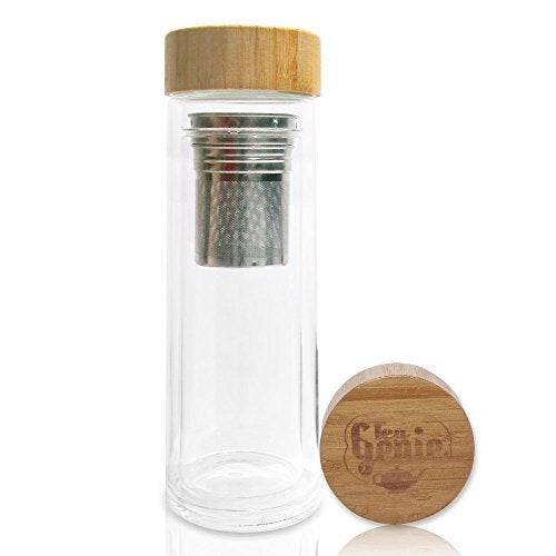 Tea Genie Tea Genie Premium Double Walled Glass Tea Infuser Bottle with Bamboo Lid  Durable Stainless Steel Strainer Portable  Stylish Ideal for Loose Leaf Tea Coffee and Fruit Infused Drinks 
