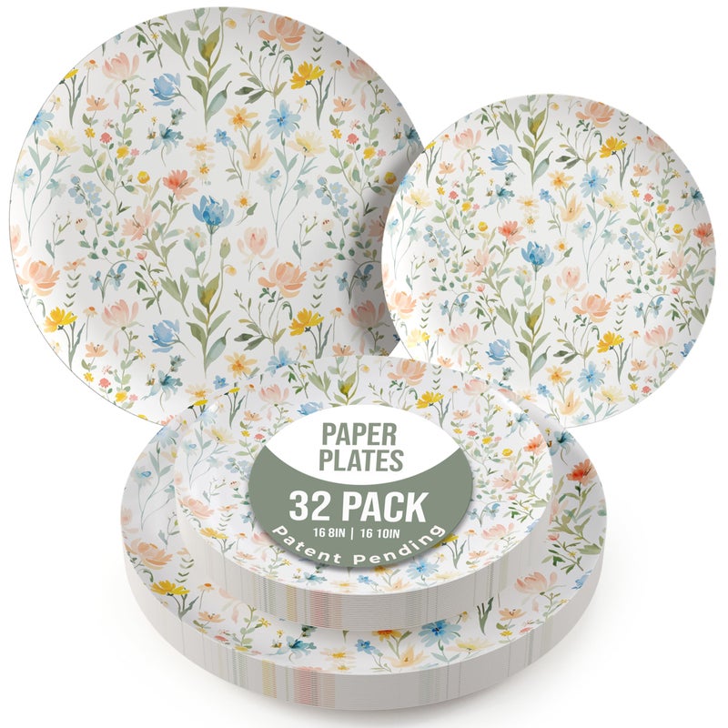 Trendables Heavy Duty Paper Plates Set For 16 Guests - 16 Each Of 8-inch And 10-inch Disposable Plates For Party - Fancy 32 Piece Dinnerware Set For All Occasions | Floral Design, Petite Fleur - Image 1