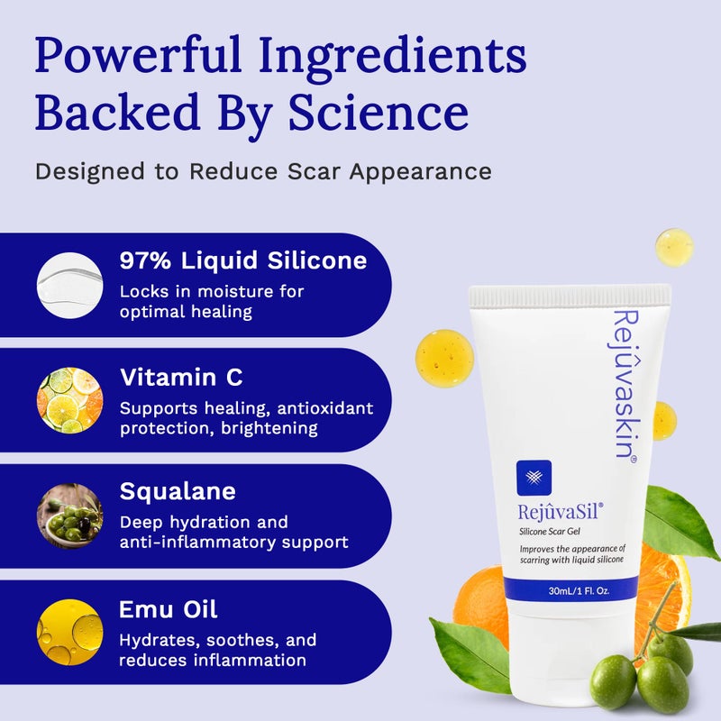 Rejuvaskin RejuvaSil Silicone Scar Gel, Scar Treatment for Surgical Scars, Burns, Keloids, Acne Scars on Face & Body, 30ml - Image 2