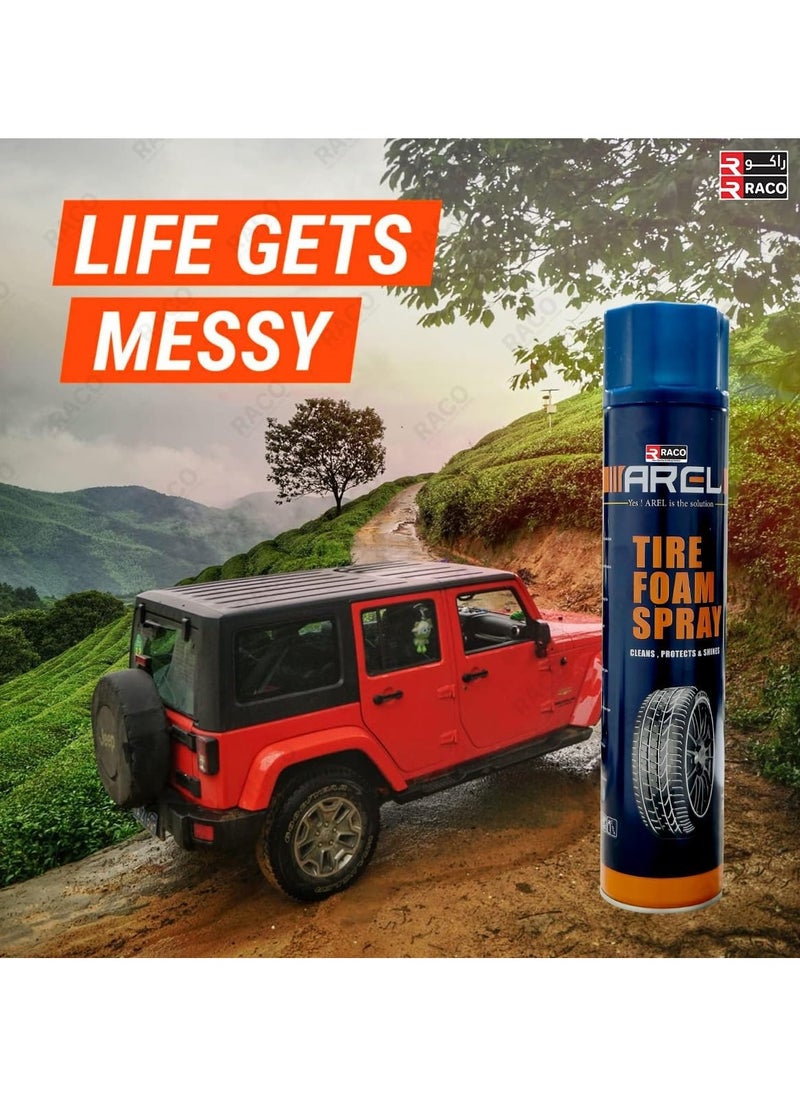 RACO Arel Tire Foam Spray | High-Gloss Shine & Deep Cleaning Tire Cleaner |Protects Against Cracking, Fading & UV Damage | Easy-to-Use Spray for Long-Lasting Results 750ml