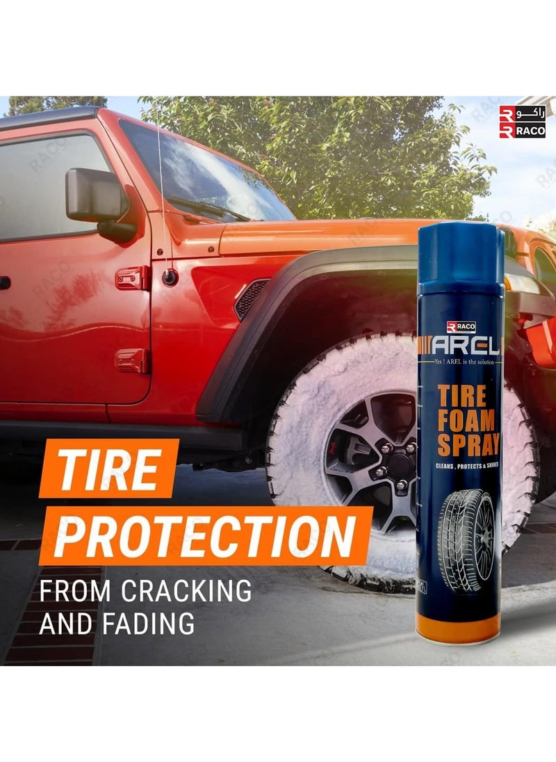 RACO Arel Tire Foam Spray | High-Gloss Shine & Deep Cleaning Tire Cleaner |Protects Against Cracking, Fading & UV Damage | Easy-to-Use Spray for Long-Lasting Results 750ml