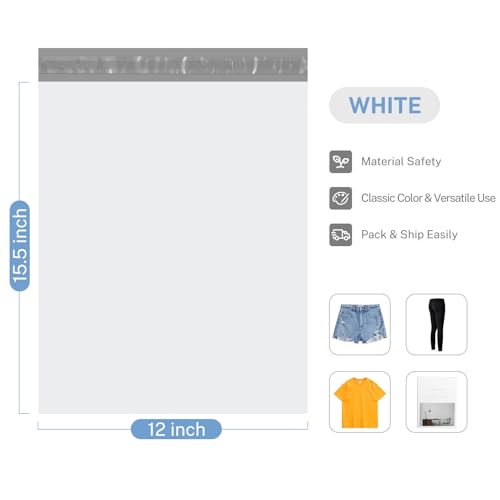 Metronic Poly Mailers 12x15.5 100 Pcs, Medium Shipping Bags for Clothing, Waterproof Mailers Poly Bags for Small Business, Shipping Envelopes Mailing Bag Package Bags Bulk in White - Image 4