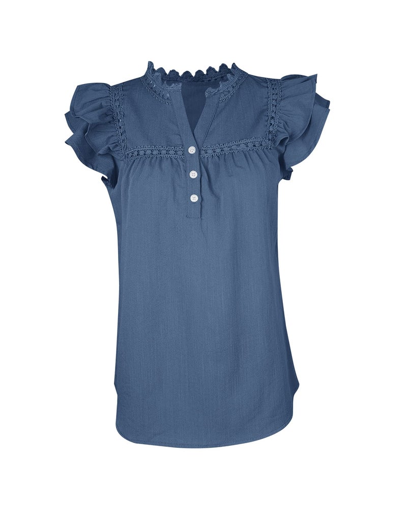 PRETTODAY Women's V Neck Lace Crochet Shirts Button Down Short Sleeve Casual Blouse Tops A-Navy - Image 4