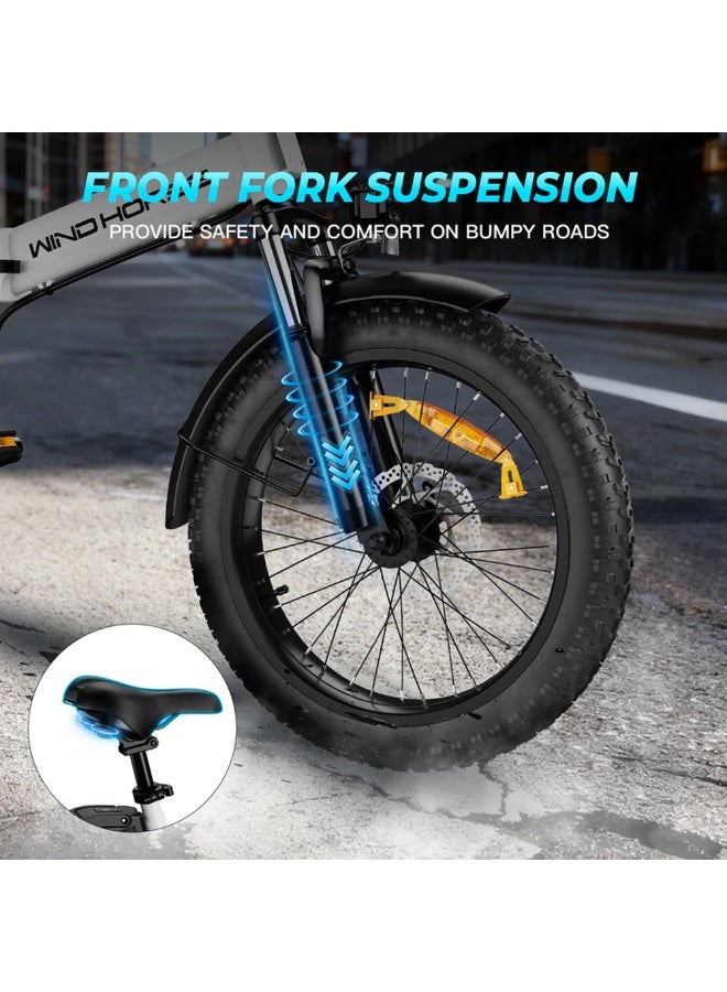 حصان الريح دراجة كهربائية قابلة للطي للطرق الوعرة W4A 750 واط، بطارية قابلة للإزالة 48 فولت 15.6 أمبير، سرعة 40 كم/ساعة، مدى 45-60 كم، شاشة LCD كبيرة، إطارات سميكة 20 بوصة، Shimano 7 سرعات، إطار من سبائك الكربون - Image 3