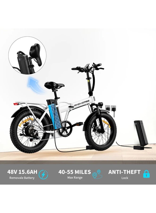 حصان الريح دراجة كهربائية قابلة للطي للطرق الوعرة W4A 750 واط، بطارية قابلة للإزالة 48 فولت 15.6 أمبير، سرعة 40 كم/ساعة، مدى 45-60 كم، شاشة LCD كبيرة، إطارات سميكة 20 بوصة، Shimano 7 سرعات، إطار من سبائك الكربون - Image 4