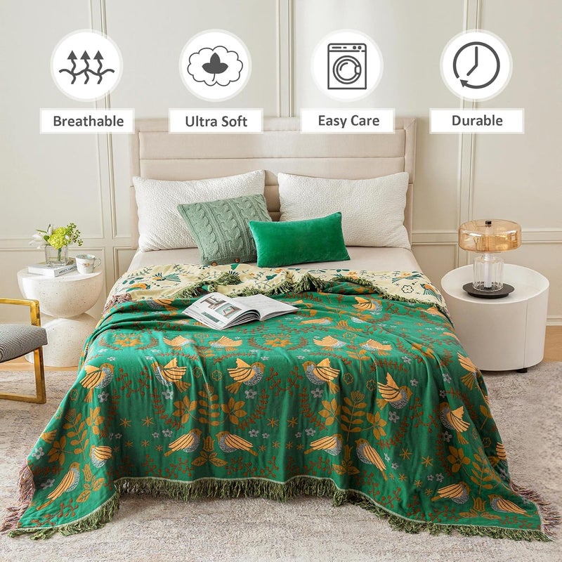 LUTBM Boho Throw Blanket for Bed 100% Cotton Ultra Soft Rustic Quilt Fall Blanket Bird Floral Printed Farmhouse Decor Bed Blankets,90"×98" All Season Rustic Throw for Sofa Couch Chair - Image 2