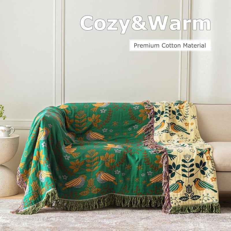 LUTBM Boho Throw Blanket for Bed 100% Cotton Ultra Soft Rustic Quilt Fall Blanket Bird Floral Printed Farmhouse Decor Bed Blankets,90"×98" All Season Rustic Throw for Sofa Couch Chair - Image 4