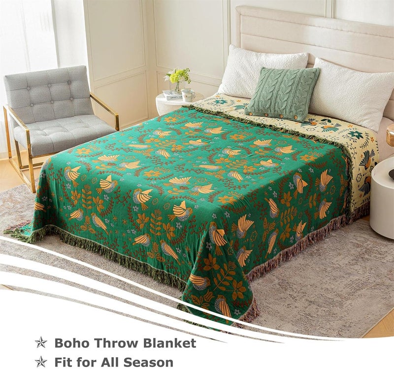 LUTBM Boho Throw Blanket for Bed 100% Cotton Ultra Soft Rustic Quilt Fall Blanket Bird Floral Printed Farmhouse Decor Bed Blankets,90"×98" All Season Rustic Throw for Sofa Couch Chair - Image 3