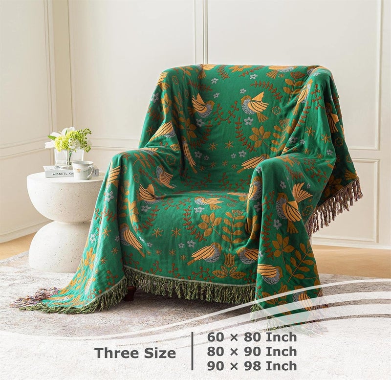 LUTBM Boho Throw Blanket for Bed 100% Cotton Ultra Soft Rustic Quilt Fall Blanket Bird Floral Printed Farmhouse Decor Bed Blankets,90"×98" All Season Rustic Throw for Sofa Couch Chair - Image 5