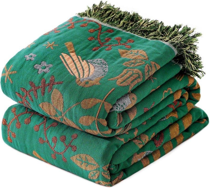 LUTBM Boho Throw Blanket for Bed 100% Cotton Ultra Soft Rustic Quilt Fall Blanket Bird Floral Printed Farmhouse Decor Bed Blankets,90"×98" All Season Rustic Throw for Sofa Couch Chair - Image 1