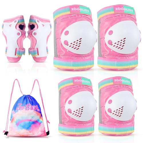 ZOOBLISS Knee Pads for Kids ZOOBLISS Toddler Knee and Elbow Pads Set Wrist Guards for Skating Girls Aged 312 Kids Protective Gear for Roller Skates Skateboard Bike Scooter Included Drawstring Bag Pink - Image 1
