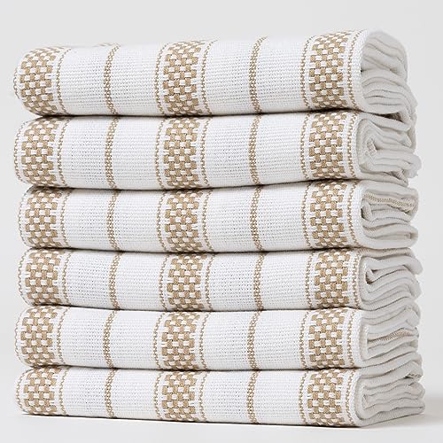 Casa De Lan Kitchen Towels Set – Pack of 6 (20’’ x 30’’) Extra Large Premium Cotton Dish Towels for Kitchen – Chain Stripe Towels – Absorbent – 100% Cotton – with Hanging Loop – Beige - Image 1