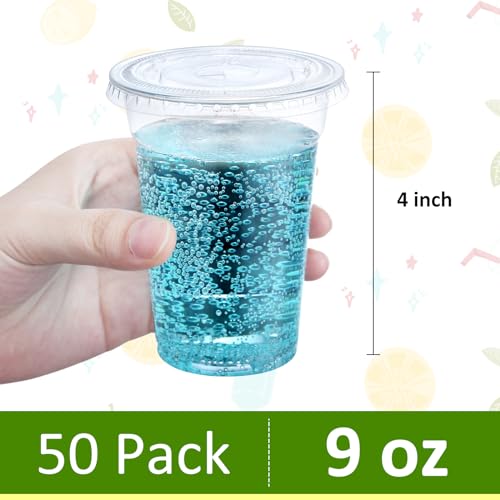 Eupako 9 oz Plastic Cups with Lids, 9 Ounce Clear Disposable Plastic Party Cups with Flat Lids, Cold Drink Cups Pack of 50 - Image 2