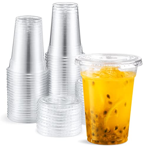 Eupako 9 oz Plastic Cups with Lids, 9 Ounce Clear Disposable Plastic Party Cups with Flat Lids, Cold Drink Cups Pack of 50 - Image 1