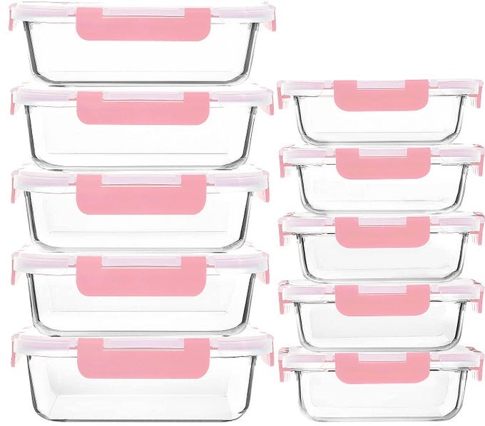 10PACK MEAL PREP CONTAINERS WITH SNAP LOCKING LIDS GLASS AIRTIGHT LUNCH FOOD STORAGE CONTAINERS MICROWAVE OVEN FREEZER AND DISHWASHER FRIENDLY PINK