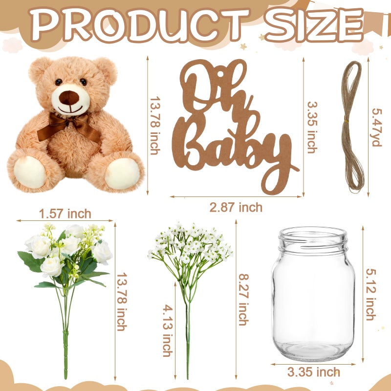 Sliner 33 Pcs Bear Centerpieces for Baby Shower Decorations Baby Shower Table Centerpieces with Bears Mason Jars Roses Bouquet Tags Burlap Rope for Gender Reveal Birthday Party Decoration(White) - Image 3