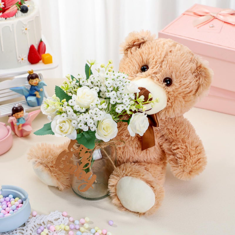 Sliner 33 Pcs Bear Centerpieces for Baby Shower Decorations Baby Shower Table Centerpieces with Bears Mason Jars Roses Bouquet Tags Burlap Rope for Gender Reveal Birthday Party Decoration(White) - Image 2
