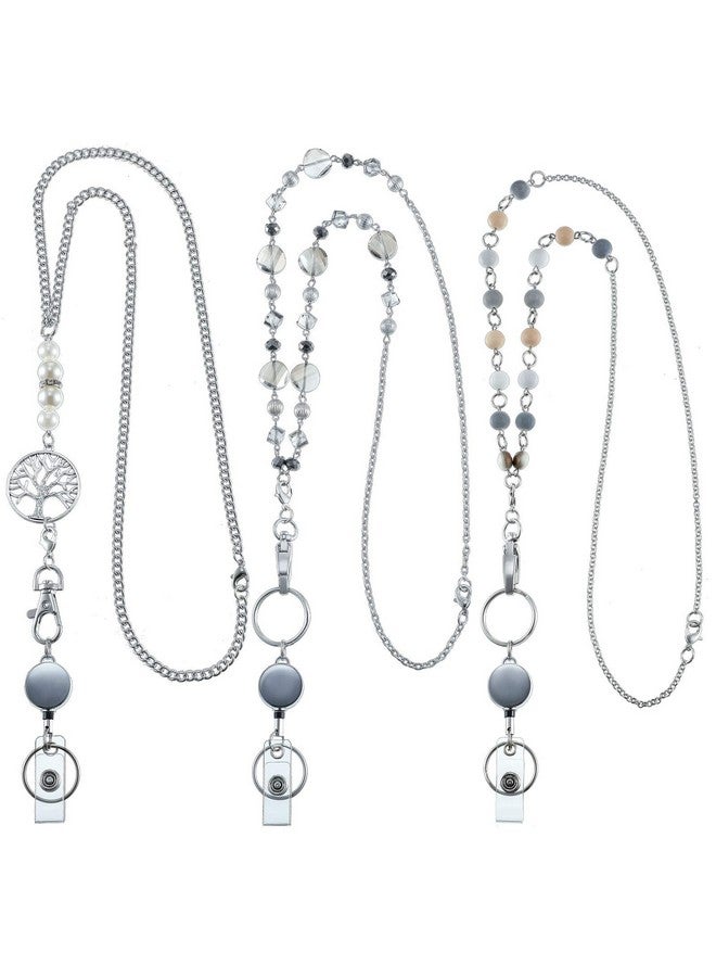 Hicarer 3 Pcs Id Badge Lanyard Necklace With Id Holder Clip Stainless Steel Beaded Chain Retractable Badge Reel Valentine (Chic Style)  - Image 1