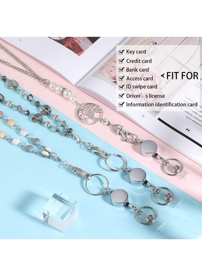Hicarer 3 Pcs Id Badge Lanyard Necklace With Id Holder Clip Stainless Steel Beaded Chain Retractable Badge Reel Valentine (Chic Style)  - Image 4