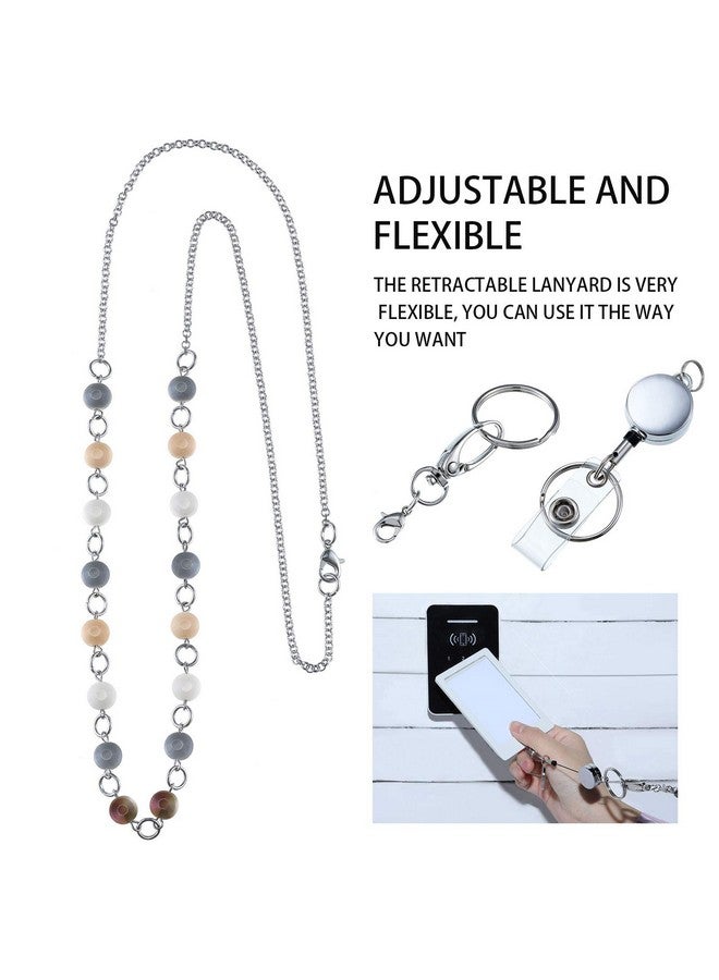 Hicarer 3 Pcs Id Badge Lanyard Necklace With Id Holder Clip Stainless Steel Beaded Chain Retractable Badge Reel Valentine (Chic Style)  - Image 5