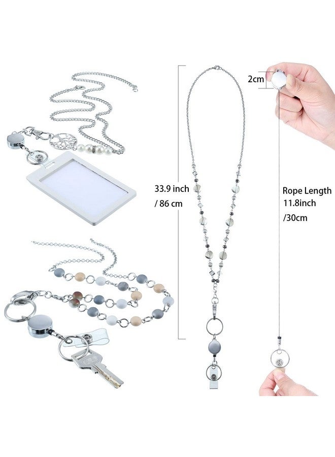 Hicarer 3 Pcs Id Badge Lanyard Necklace With Id Holder Clip Stainless Steel Beaded Chain Retractable Badge Reel Valentine (Chic Style)  - Image 2