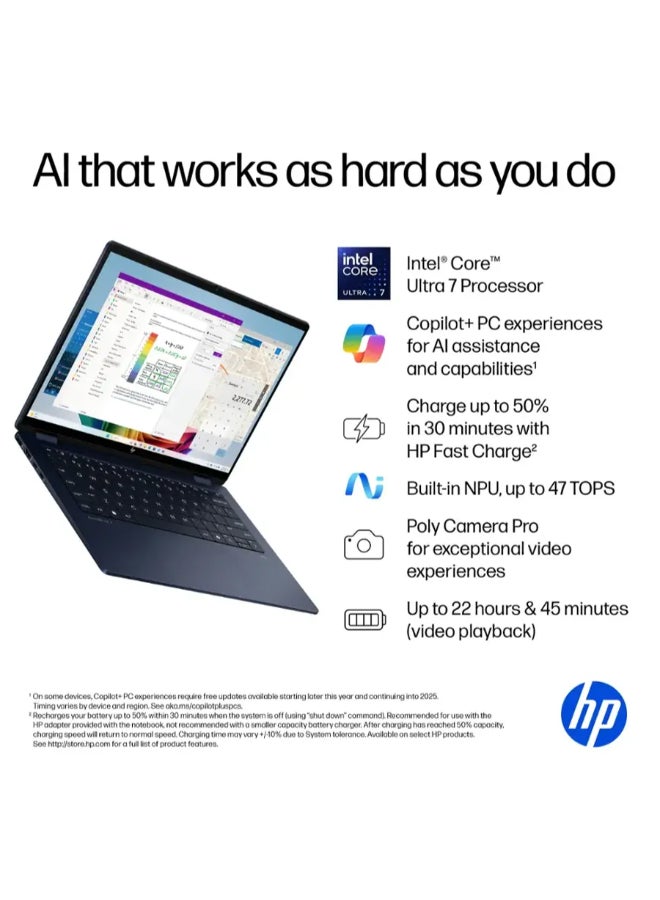 HP (نسخة مطورة) لابتوب HP أومني بوك X فليب 2 في 1 مع شاشة تعمل باللمس 14 بوصة بدقة 2K، مع معالج إنتل كور ألترا 7/16 جيجابايت رام/1 تيرابايت SSD/رسوميات إنتل آرك/ويندوز 11 هوم باللون الأزرق الجوي - Image 3