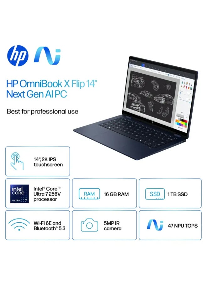 HP (نسخة مطورة) لابتوب HP أومني بوك X فليب 2 في 1 مع شاشة تعمل باللمس 14 بوصة بدقة 2K، مع معالج إنتل كور ألترا 7/16 جيجابايت رام/1 تيرابايت SSD/رسوميات إنتل آرك/ويندوز 11 هوم باللون الأزرق الجوي - Image 2