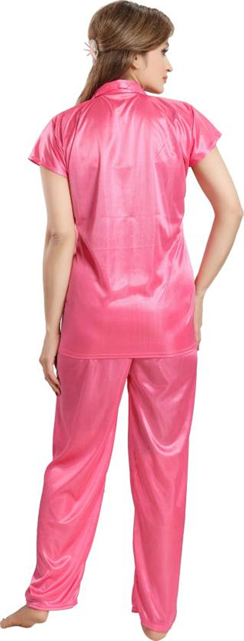 Fabme Women's Plain Satin Night Suit (Shirt and Pyjama) (Peach) (Size - X-Large || Bust 40") - Image 3