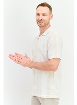 Algspar Men Regular Fit Stripe Short Sleeves Casual Shirt, Off White  - Image 2