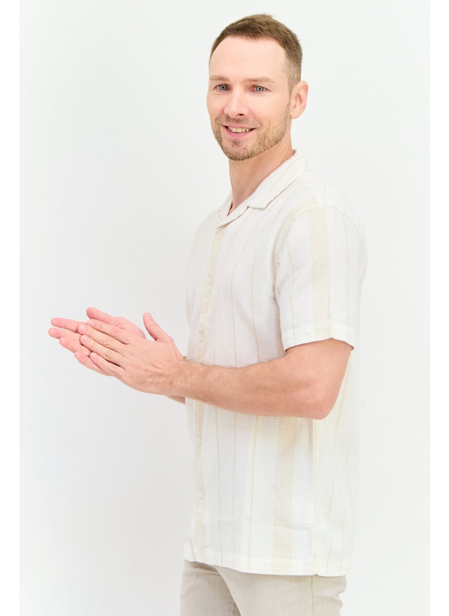 Algspar Men Regular Fit Stripe Short Sleeves Casual Shirt, Off White  - Image 2
