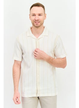 Algspar Men Regular Fit Stripe Short Sleeves Casual Shirt, Off White  - Image 1