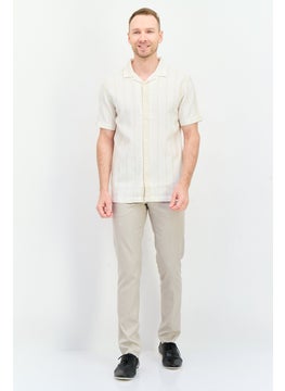 Algspar Men Regular Fit Stripe Short Sleeves Casual Shirt, Off White  - Image 4
