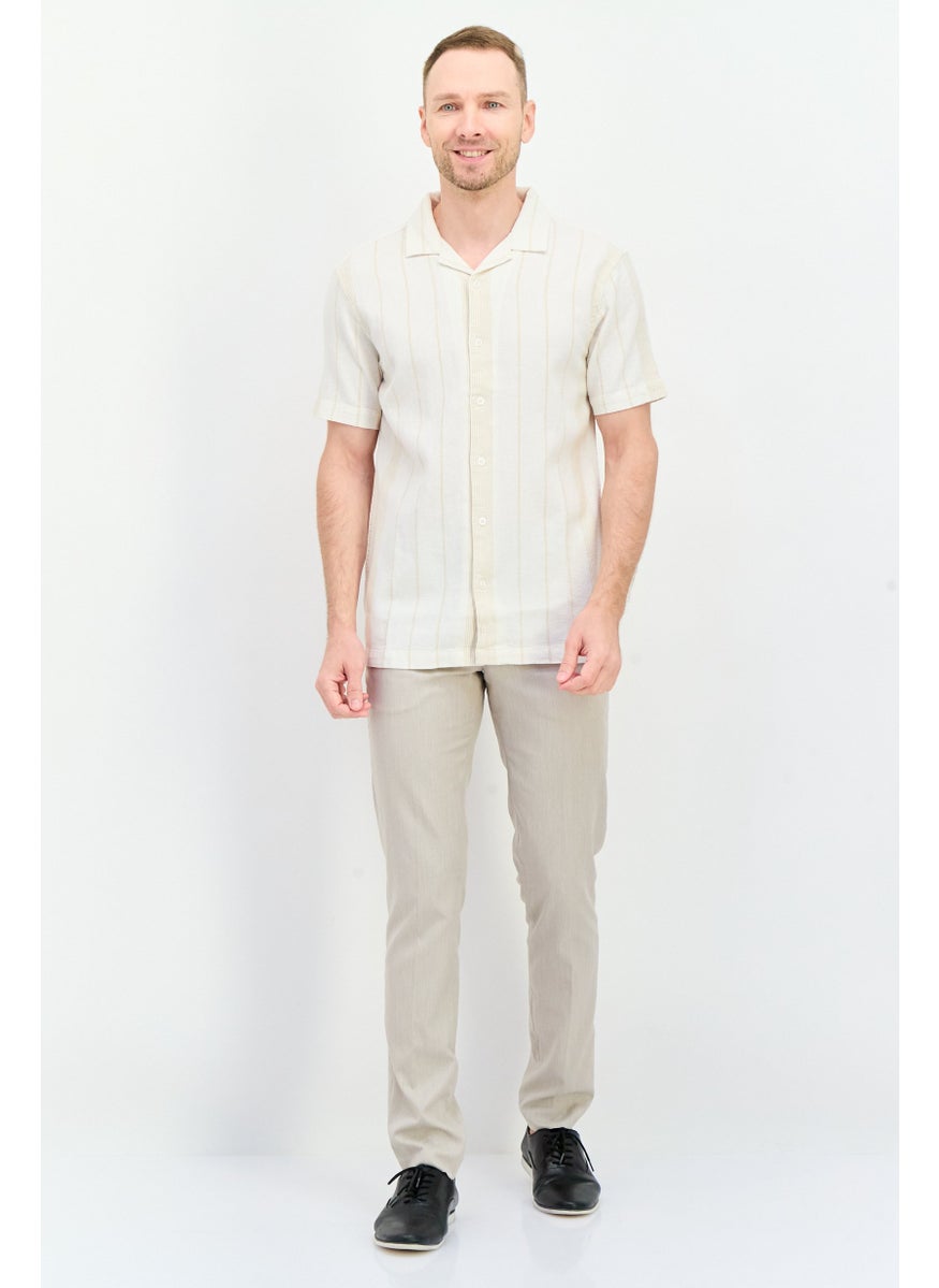 Algspar Men Regular Fit Stripe Short Sleeves Casual Shirt, Off White  - Image 4