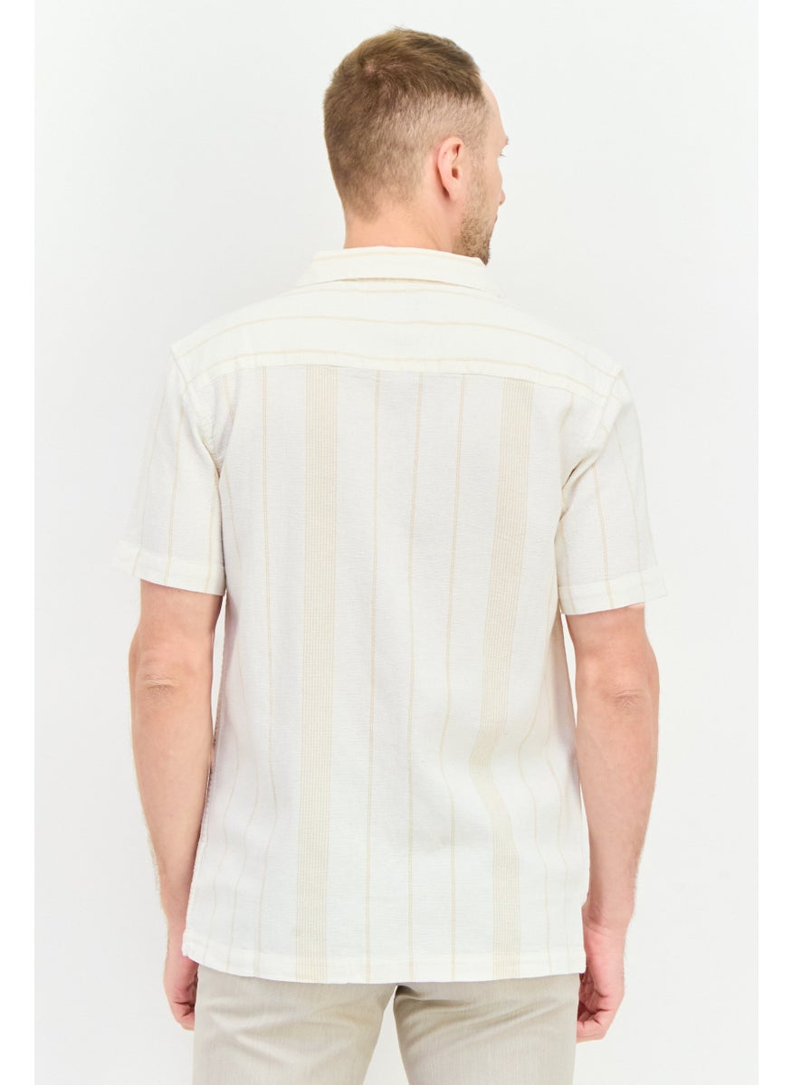 Algspar Men Regular Fit Stripe Short Sleeves Casual Shirt, Off White  - Image 3