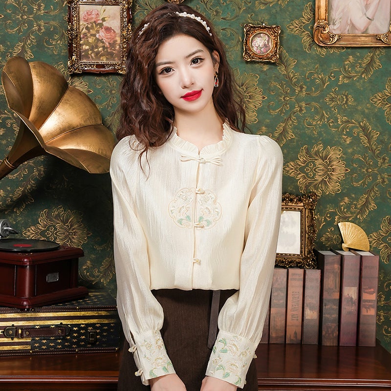 Real Shot 2024 Spring New Fashion Design Niche Embroidered Long-sleeved New Chinoiserie National Style Shirt Womens Top Spring Apricot