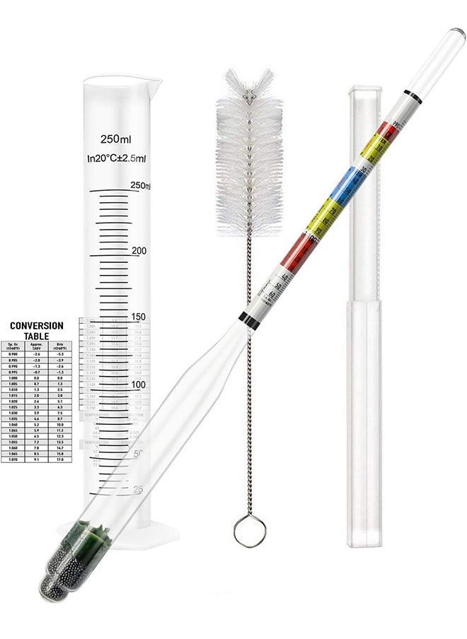 Hydrometer and ABV Test Jar for Homebrew and Kombucha Including 250ml Plastic Cylinder Cleaning Brush and Storage Case