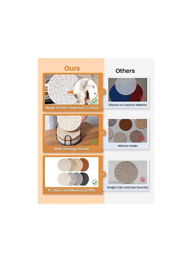 The Bros 8 Pcs Drink Coasters with Holder, 8 Colors Absorbent Coasters for Drinks Minimalist Cup Coasters Cotton Coaster Set Woven Coasters for Coffee Table Home Decor Bar Housewarming Gift, 4.3 Inch - Image 4