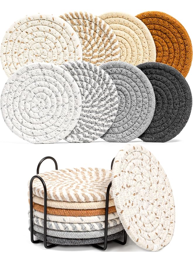 The Bros 8 Pcs Drink Coasters with Holder, 8 Colors Absorbent Coasters for Drinks Minimalist Cup Coasters Cotton Coaster Set Woven Coasters for Coffee Table Home Decor Bar Housewarming Gift, 4.3 Inch - Image 1