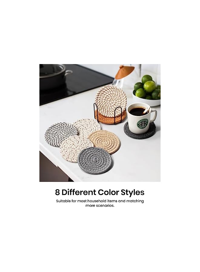The Bros 8 Pcs Drink Coasters with Holder, 8 Colors Absorbent Coasters for Drinks Minimalist Cup Coasters Cotton Coaster Set Woven Coasters for Coffee Table Home Decor Bar Housewarming Gift, 4.3 Inch - Image 5