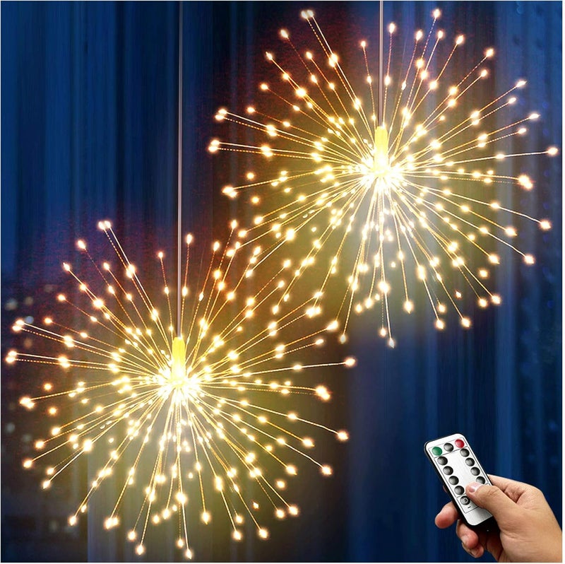 DenicMic دينيك ميك أضواء ألعاب نارية 200 LED سلك نحاسي ضوء ستاربورست، 8 أوضاع تعمل بالبطارية ضوء كرة نجمي خرافي مع جهاز تحكم عن بعد، أبيض دافئ زينة سقف معلقة لغرفة النوم وعيد الميلاد والحفلات، عبوتان - Image 1