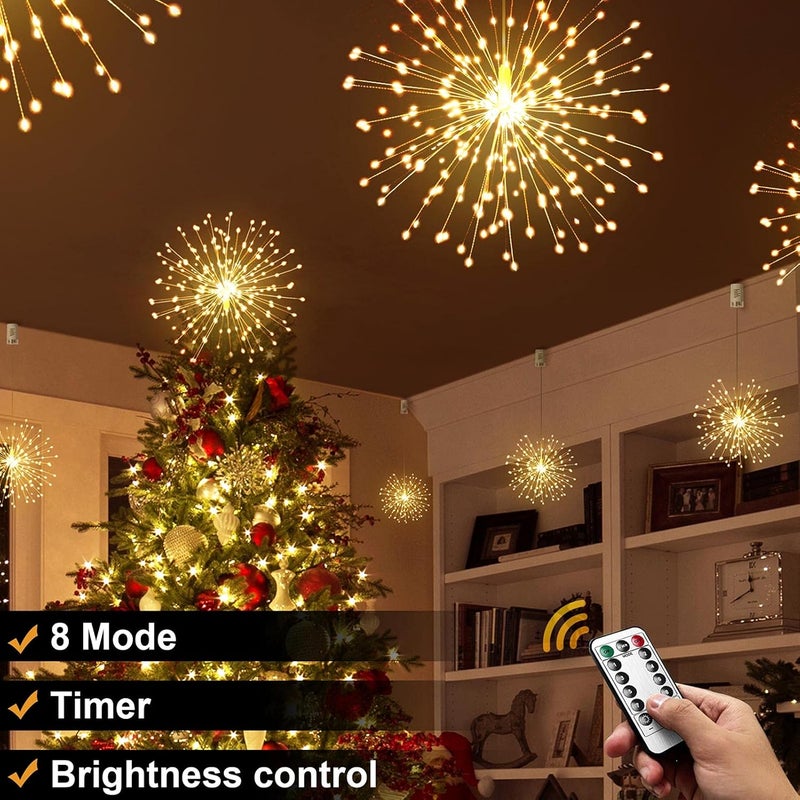 DenicMic دينيك ميك أضواء ألعاب نارية 200 LED سلك نحاسي ضوء ستاربورست، 8 أوضاع تعمل بالبطارية ضوء كرة نجمي خرافي مع جهاز تحكم عن بعد، أبيض دافئ زينة سقف معلقة لغرفة النوم وعيد الميلاد والحفلات، عبوتان - Image 2