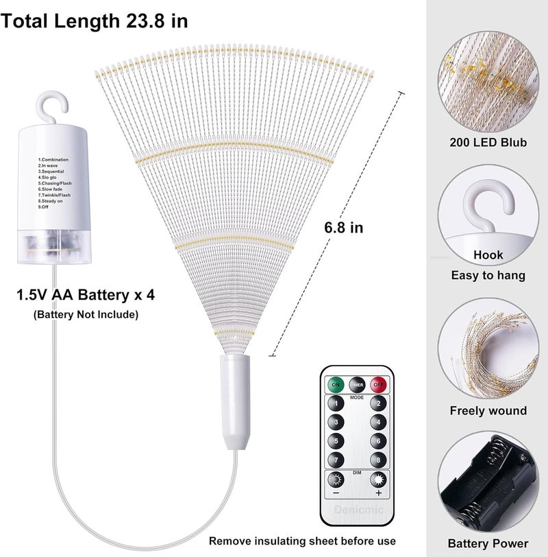 DenicMic دينيك ميك أضواء ألعاب نارية 200 LED سلك نحاسي ضوء ستاربورست، 8 أوضاع تعمل بالبطارية ضوء كرة نجمي خرافي مع جهاز تحكم عن بعد، أبيض دافئ زينة سقف معلقة لغرفة النوم وعيد الميلاد والحفلات، عبوتان - Image 5